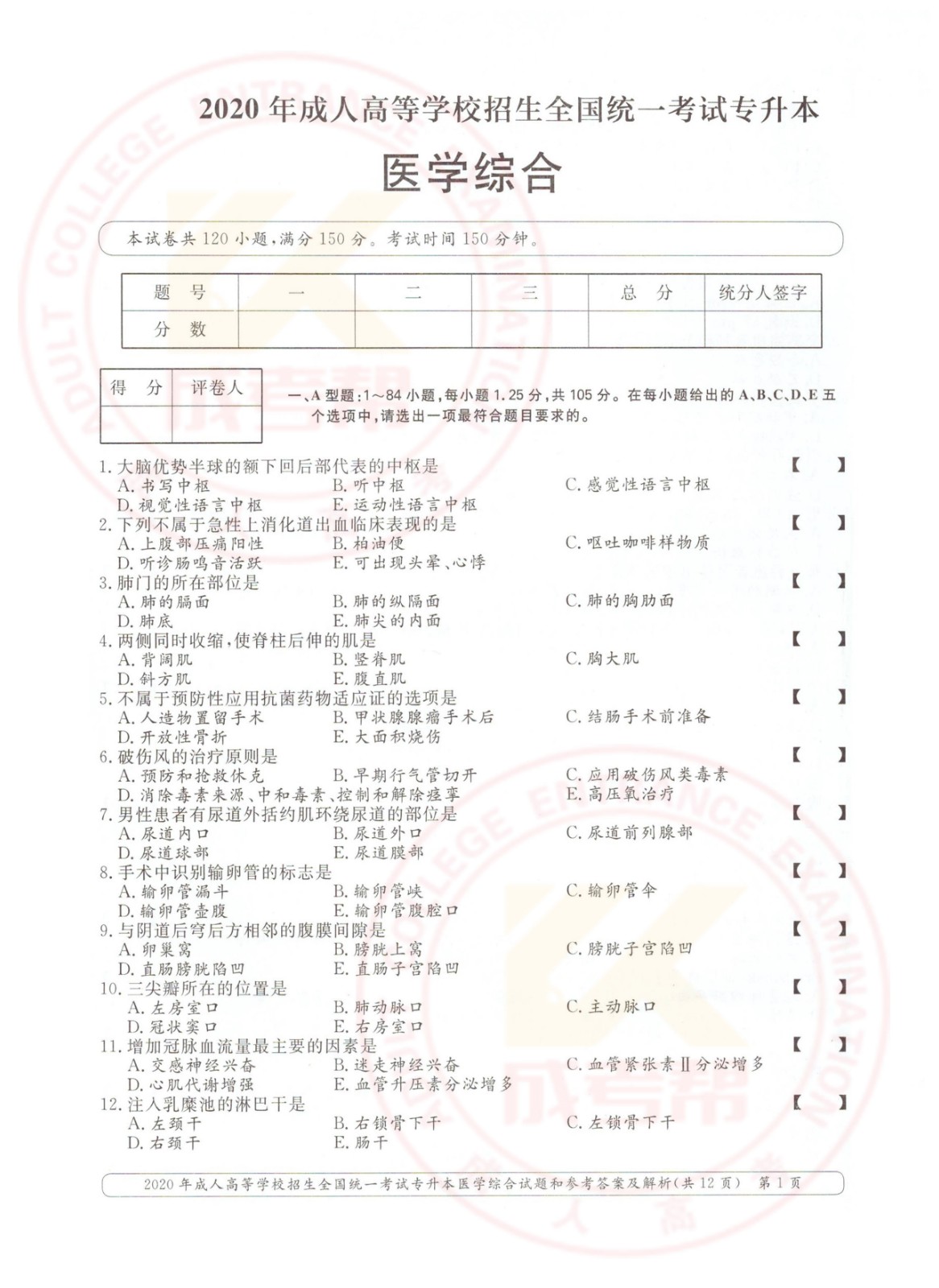 2020年杭州市成考专升本医学综合考试真题及答案(图1)