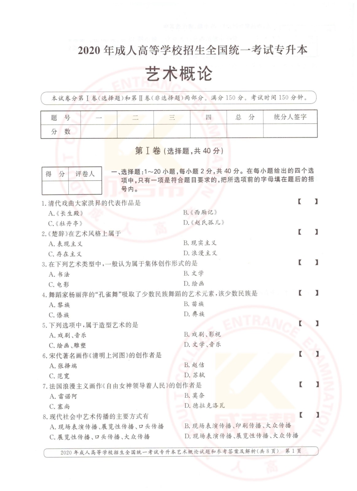 2020年杭州市成考专升本艺术概论考试真题及答案(图1)