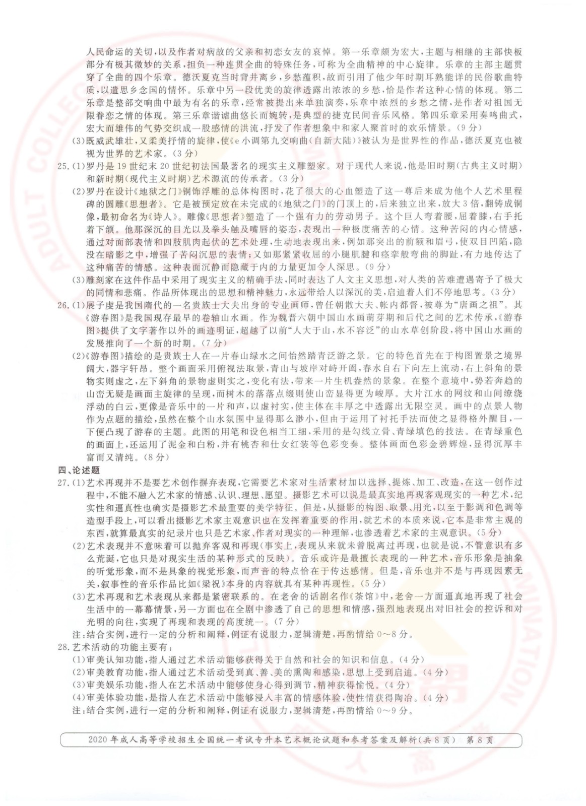 2020年杭州市成考专升本艺术概论考试真题及答案(图8)