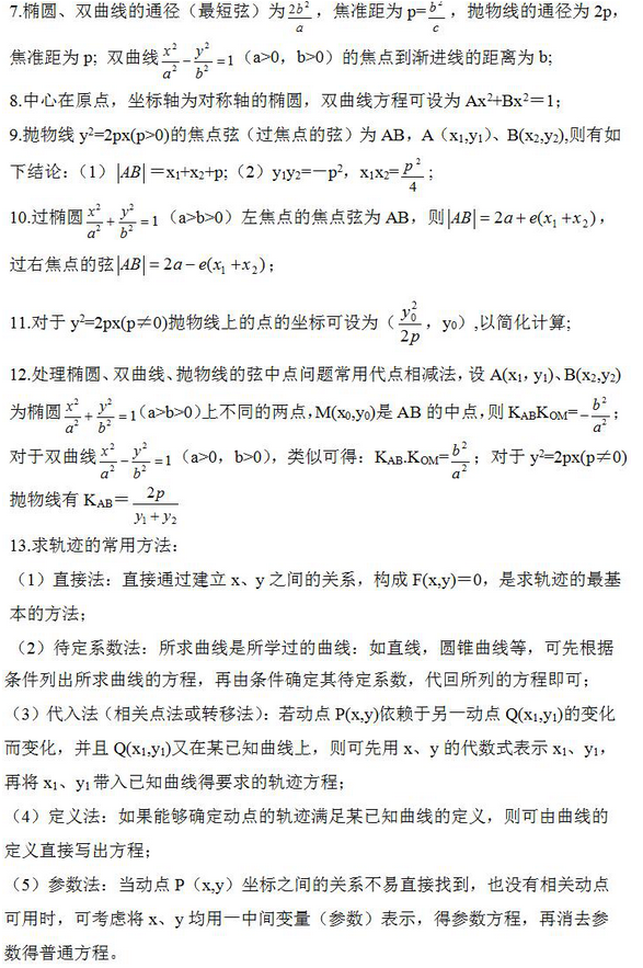 2024年杭州成考高起点《理数》学习考点笔记（圆锥曲线方程）