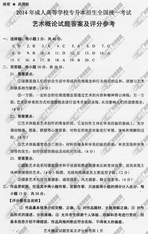 杭州成人高考2014年统一考试专升本艺术概论真题B卷参考答案
