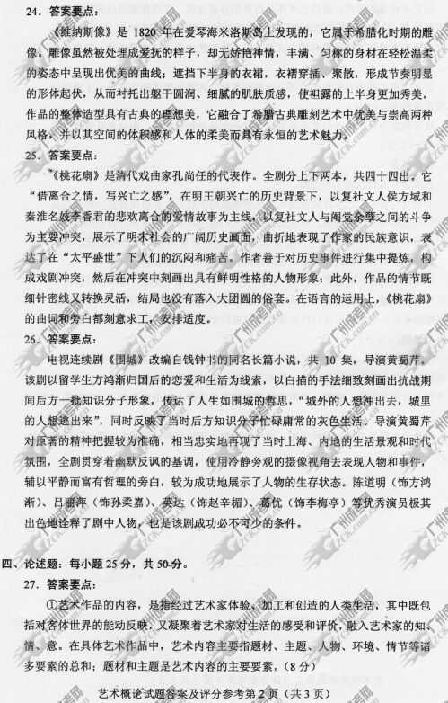 杭州成人高考2014年统一考试专升本艺术概论真题B卷参考答案