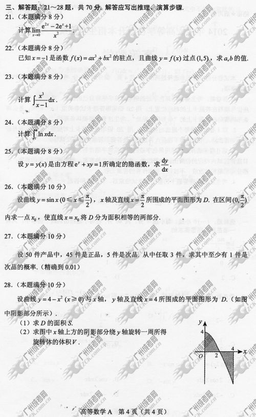 杭州成人高考2014年统一考试专升本高等数学真题A卷